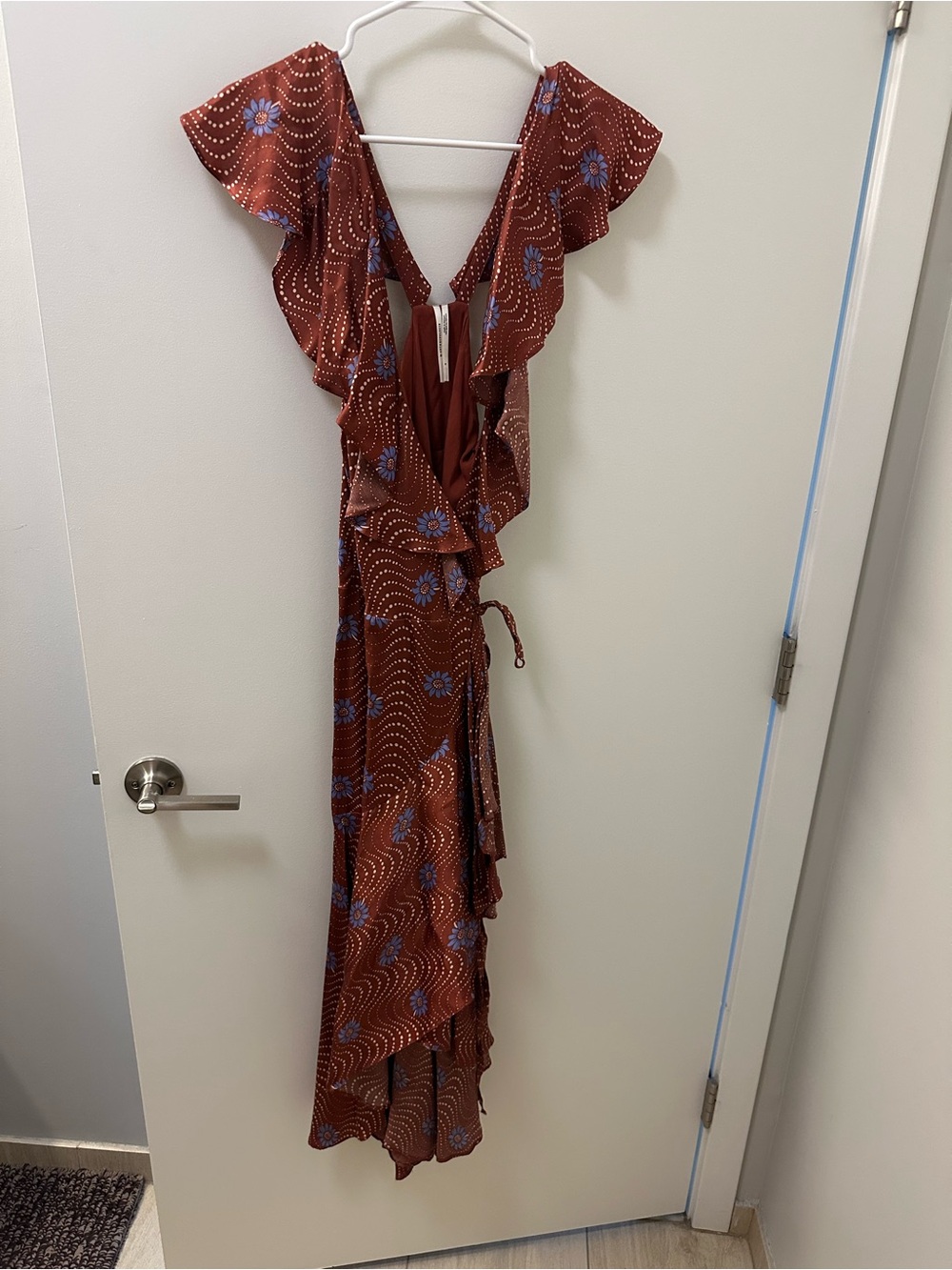 Anthropologie Rust Floral Wrap Midi Dress with Ruffle Sleeves - Picture 5 of 7